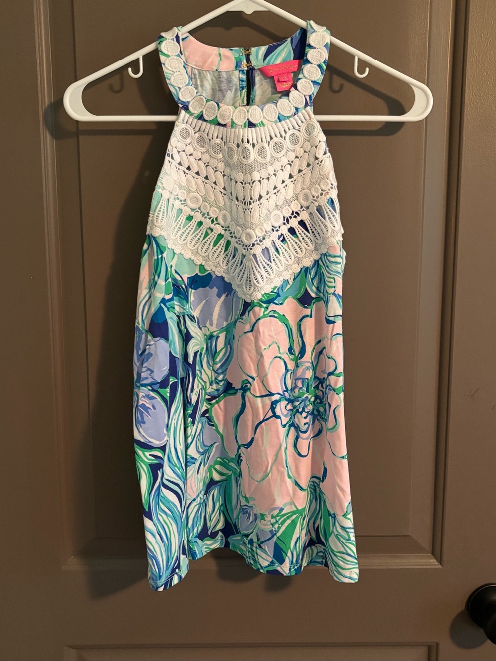Lilly Pulitzer White Crochet Yoke Dress with Aqua and Navy Floral